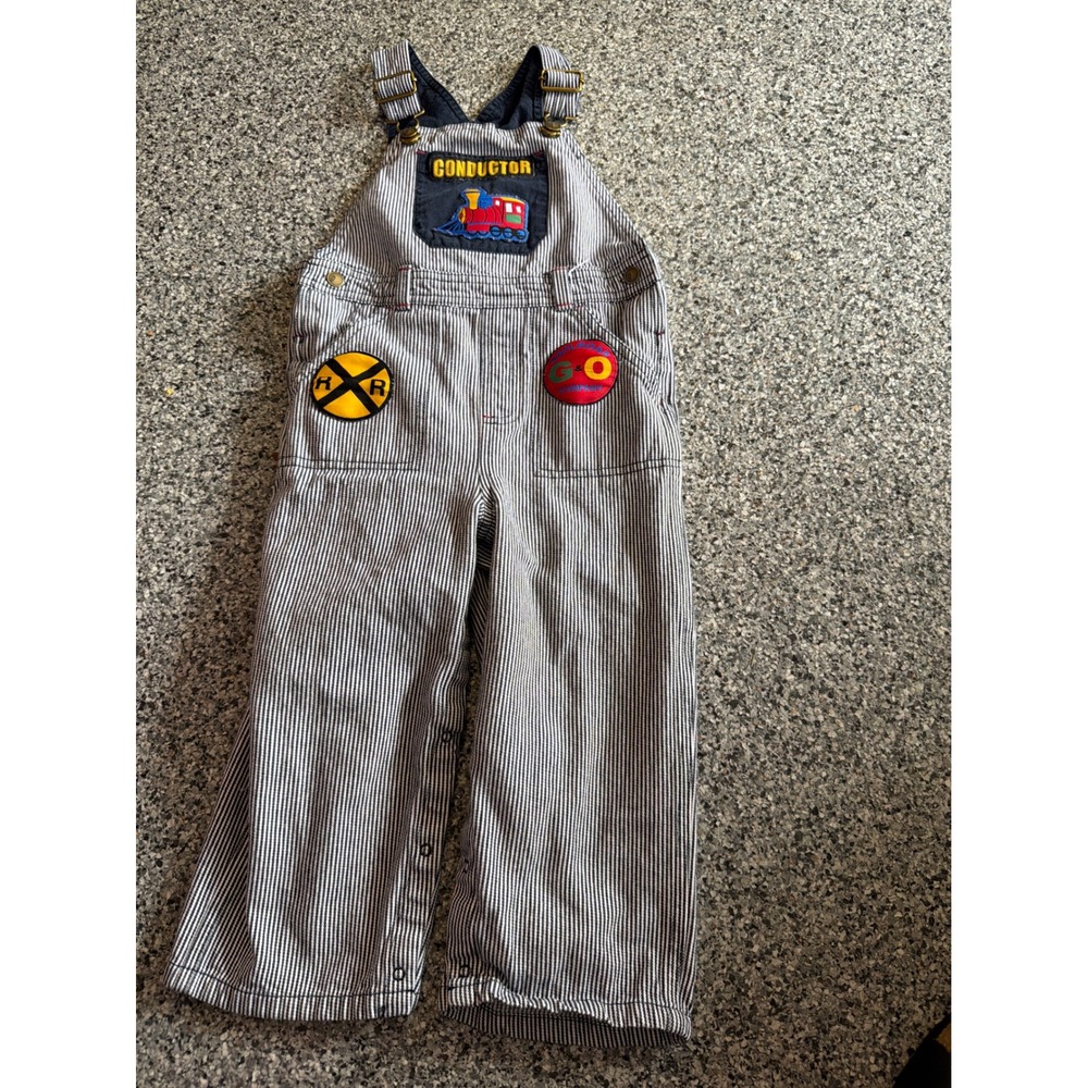 Gymboree Boys Train Conductor Hickory Stripe Overalls Blue White 2T-3T 2008